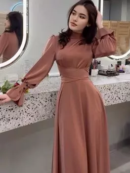 2025 Весна Атласное Элегантное Женское Платье с Длинными Рукавами и Талией XL