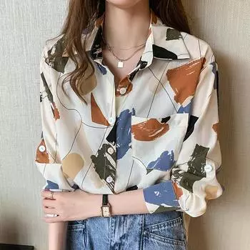 2025 Весна Блузки Рубашки Длинный Рукав Отложной Воротник Офисная Женская Печать Шифоновая Блузка Рубашка Женские Топы J763 S