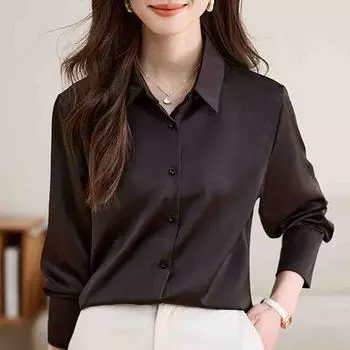 2025 Весна Длинный Рукав Женская Рубашка Отложной Воротник Офисная Женская Черная Атласная Блузка Рубашка Женские Топы J743 S чёрный