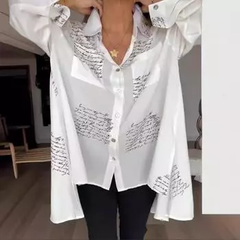 2025 Весна и лето Модная офисная рубашка с принтом Новая элегантная блузка с лацканами больших размеров Свободная сексуальная блузка с длинным рукавом Повседневные простые топы Женская одежда S чёрный