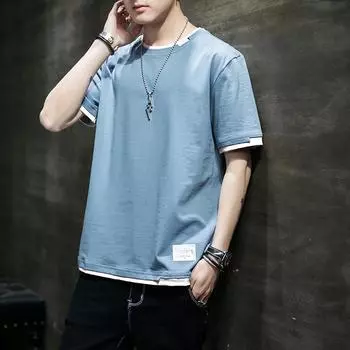 2025 Весна и лето Новая хлопковая футболка с коротким рукавом Мужская поддельная двухкомпонентная одежда с коротким рукавом Топ Трендовая футболка M хаки