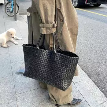 2025 Весна и Лето Новая Мода Женская Сумка Ручной Работы Плетеная Сумка Сумка-Тоут На Плечо Большая Вместимость Дорожная Сумка Сумка для Мамы Овощная Корзина Black