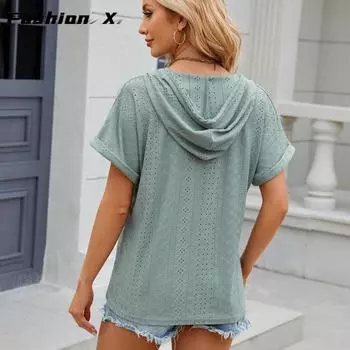 2025 Весна и лето Новая однотонная свободная футболка с коротким рукавом на пуговицах с капюшоном для женщин S