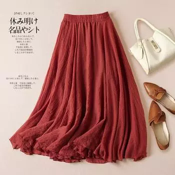 2025 Весна и лето Новая свободная хлопковая и льняная литературная плиссированная юбка А-образного силуэта с большим маятником для женщин 85CM чёрный