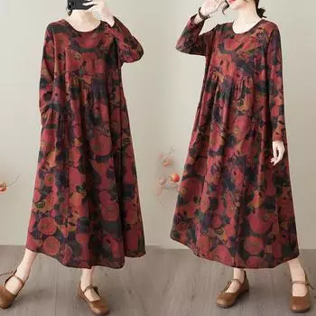 2025 Весна и лето Новое платье больших размеров из хлопка и льна с круглым вырезом, цветочным карманом и длинным рукавом, свободное, утягивающее L
