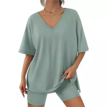 2025 Весна и лето новые свободные модные однотонные повседневные шорты с короткими рукавами два комплекта S абрикосовый