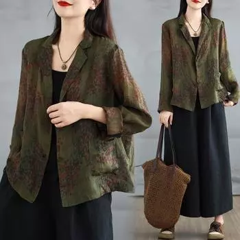 2025 Весна и лето Новый свободный пиджак больших размеров в стиле ретро из хлопка и льна с художественным принтом для похудения L зелёный