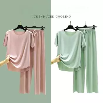 2025 Весна и лето Пижама из ледяного шелка, два предмета, короткие рукава, длинные брюки, цветной, большой размер, дышащий, одежда для отдыха, домашний костюм L