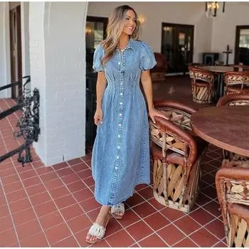 2025 Весна и лето Потертая рубашка с короткими рукавами и пышными рукавами в стиле кэжуал Длинное джинсовое платье Однобортная длинная джинсовая юбка в стиле ретро S синий