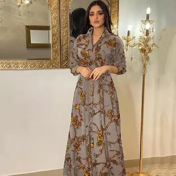 2025 Весна и Осень Новая Женская Одежда Шан Этническое Элегантное Платье Ретро Печатный Халат S серый