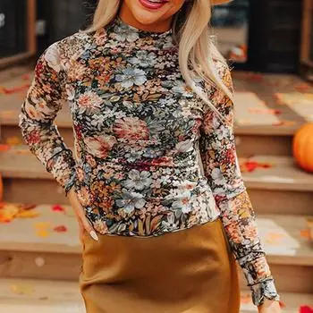 2025 Весна и осень Новинка, Пуловер Высокий воротник Длинные рукава Блузка, Женская, Европа и США, Повседневный ветер, Сетчатый принт, Нижняя рубашка S