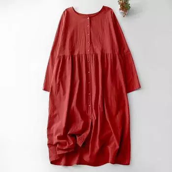 2025 Весна и осень Новое платье из высококачественного хлопка и льна с пескоструйной обработкой, полностью открытое, дышащее, свободное, с круглым вырезом и длинными рукавами, праздничное платье M красный