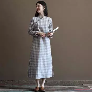 2025 Весна и осень Новое ретро-платье из пряжи, хлопка и льна, клетчатое платье, китайское улучшенное платье-чонсам с литературным персонажем А, женское M