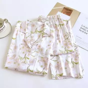 2025 Весна и осень Новый женский тонкий пижамный комплект с брюками из вискозного волокна с длинными рукавами, высококачественная атласная домашняя одежда для женщин M розовый