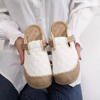 2025 Весна и Осень Женская Элегантная Льняная Обувь в Национальном Стиле - Дышащие, Большие Носки, Тапочки в Стиле Колледжа 37 белый