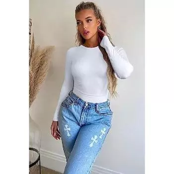 2025 Весна и Осень Зима Европейская и Американская Длинные Рукава Круглый Вырез Эластичная База Рубашка, Футболка Верх, Женская Внутренняя Матча S белый