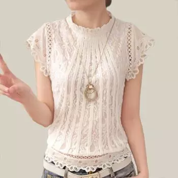 2025 Весна Лето Модные кружевные женские блузки Элегантные однотонные новые кружевные рубашки с рукавами-лепестками О-образным вырезом Повседневная простая рубашка Приталенные топы Одежда S белый