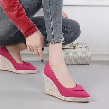 2025 Весна Лето Модные женские туфли для вечеринок Брендовые женские туфли-лодочки с острым носком на танкетке на высоком каблуке Черный Розовый Большой размер 42 34 чёрный