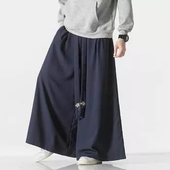 2025 Весна Лето Мужские Льняные Широкие Брюки Мужские Вышитые Широкие Брюки в Китайском Стиле Мужская Уличная Одежда Тай Чи Кунг-Фу Брюки XL чёрный