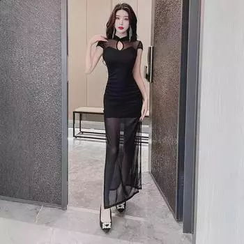 2025 Весна/Лето Ночной Клуб Сексуальное Вечернее Платье Cheongsam Mesh XXL чёрный