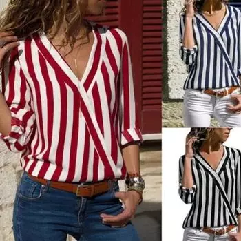 2025 Весна Лето Новая женская блузка с длинным рукавом и V-образным вырезом в полоску, асимметричная, облегающая офисная рубашка S красный