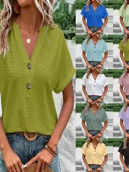 2025 Весна/Лето Новая женская мода Повседневная однотонная футболка с V-образным вырезом на пуговицах для женщин S чёрный