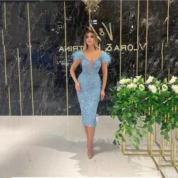 2025 Весна/Лето Новая женская одежда Глубокий V-образный вырез с пайетками Сексуальное вечернее платье с перьями и пайетками Платье без рукавов Длинное платье S небесно-голубой