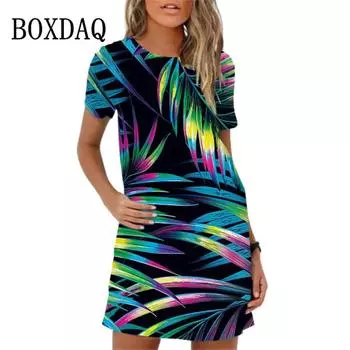 2025 Весна Лето Новое 3D Принт Бабочка Цветок Короткий Рукав Мини Платье Женщин Повседневный А-силуэт Платье Женская Одежда S