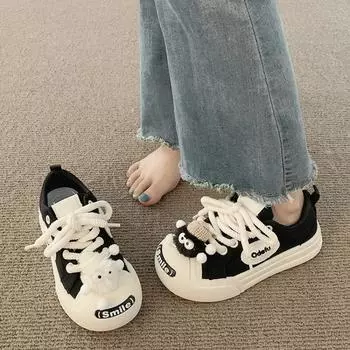 2025 Весна Лето Новый Открытие Улыбка Уродливые Милые Большие Головы Tide Туфли Женская Повседневная Холщовая Спортивная Обувь 35 чёрный