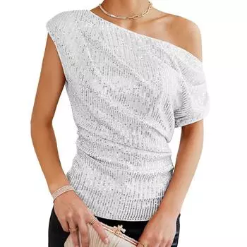 2025 Весна/Лето Новый женский топ на одно плечо с коротким рукавом и блестящей мятой отделкой S белый