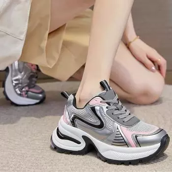 2025 Весна Лето Обувь Женские Модные Кроссовки Дышащая Сетчатая Обувь Увеличивающая Рост 6 см Серебряные Брендовые Женские Кроссовки 35 серебряный