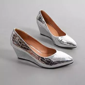 2025 Весна Лето Танкетка Каблуки Женские Туфли Для Вечеринок Модные Острый Носок Офисные Женские Туфли-Лодочки Плюс Размер 42 Золотые Серебряные Черные D255 34 чёрный