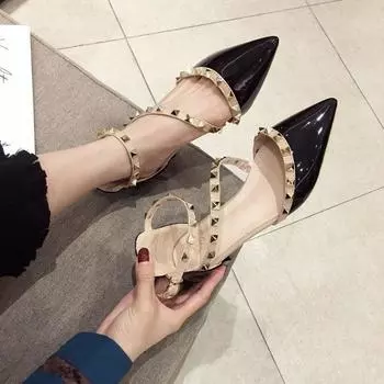 2025 Весна Лето Туфли Женские Низкие Каблуки Модный Бренд Острый Носок Заклепки Элегантные Женские Каблуки 3 см Черный Красный Плюс Размер 41 35 чёрный