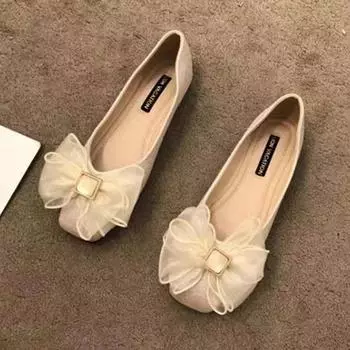 2025 Весна Лето Туфли Женские Плоские Мягкие Элегантные Женские Туфли-лодочки Плоские Бантик Одинарные Черные Бежевые Большие Размеры 42 35 бежевый