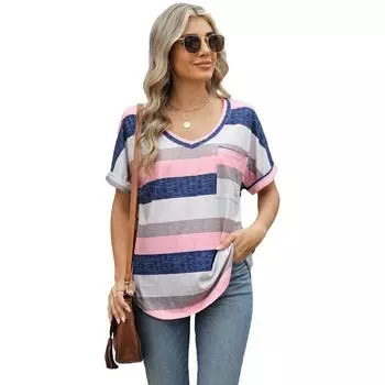 2025 Весна Лето Женская Футболка с V-образным вырезом, рукавами «летучая мышь», карманами, Повседневная блузка с принтом в полоску S розовый