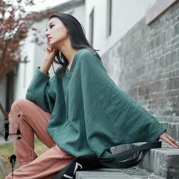 2025 Весна/Лето Женская китайская ретро-футболка для похудения с V-образным вырезом из хлопка/льна с рукавами «летучая мышь» One Size темно-зеленого