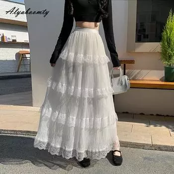 2025 Весна Лето Женская Макси Длинная Белая Юбка Высокая Талия Многослойные Оборки Юбка Принцессы Милые Романтичные Женские Кружевные Многоуровневые Юбки One Size