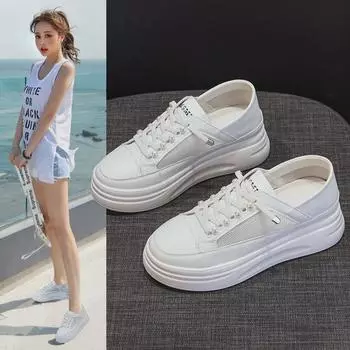 2025 Весна/Лето Женские Белые Сетчатые Дышащие Легкие Толстые Подошвы Приподнятые Мягкие Кожаные Повседневные Туфли На Шнуровке 38
