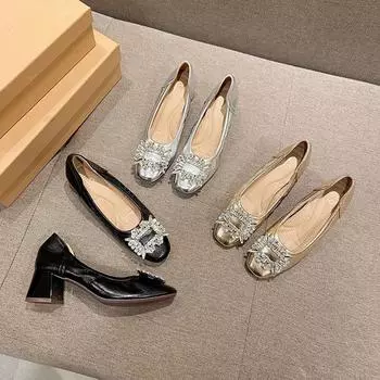 2025 Весна Лето Женские Туфли На Высоком Каблуке Элегантные Женские Туфли Для Вечеринок Брендовые Туфли-лодочки Стразы Квадратный Каблук 5 см Черное Золото Плюс Размер 42 35 чёрный