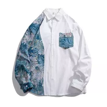 2025 Весна Мужская Мода Уличный Стиль Рубашка Осень Мужские Цветы Принт Лоскутные Рубашки Топ Мужской Повседневный Социальный Лацкан Рубашка 3XL белый