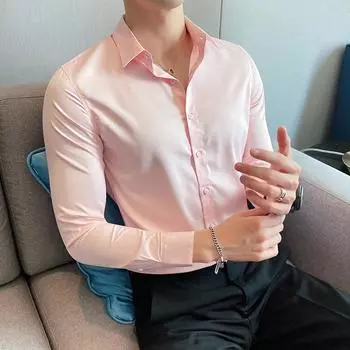 2025 Весна Мужская Однотонная Деловая Рубашка Мужская Рубашка Модная Классическая Базовая Повседневная Тонкая Белая Социальная Рубашка Осень L белый