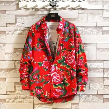 2025 Весна Мужская Рубашка Мужская Мода Северо-Восток Большой Цветочный Узор Рубашки Мужские Верхние Весна Осень Мужские Рубашки Для Отдыха Хип-Хоп 3XL чёрный