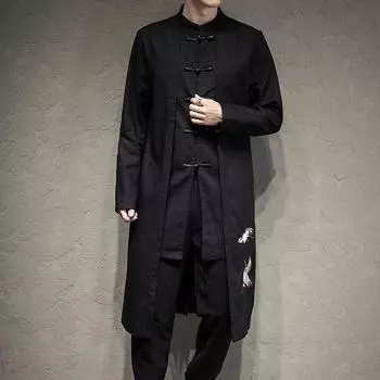 2025 Весна Мужская ветровка в китайском стиле Тренч Куртка Мужская уличная одежда Восточная одежда Мужская китайская мандаринская тренч XL чёрный