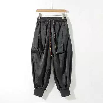 2025 Весна Мужские Брюки Ice Silk Темные Цветочные Брюки Летние Тонкие Модные Мужские Брюки Фонарики Свободные Повседневные Широкие Брюки Мужские Брюки Kung Fu 5XL чёрный