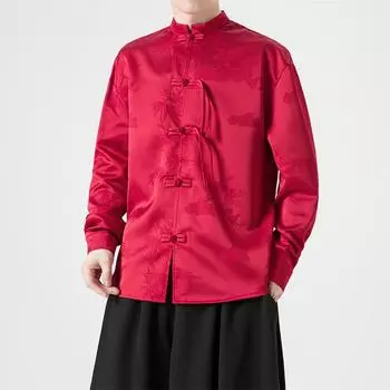 2025 Весна Мужские Красные Рубашки Мужские Современные Рубашки Китайский Стиль Винтаж Тан Костюм Рубашка Кунг-Фу Пальто Традиционная Одежда Ханьфу 3XL красный