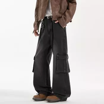 2025 Весна Мужские Широкие Джинсовые Брюки Мужские Брюки Свободные Повседневные Уличные Модные Оверсайз Джинсы Модные Мужские Джинсовые Брюки M чёрный