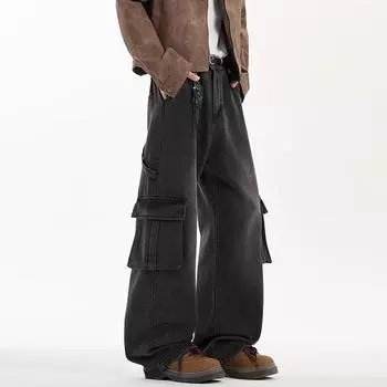 2025 Весна Мужские Широкие Джинсовые Брюки Мужские Брюки Свободные Повседневные Уличные Модные Оверсайз Джинсы Модные Мужские Джинсовые Брюки M темно-синий