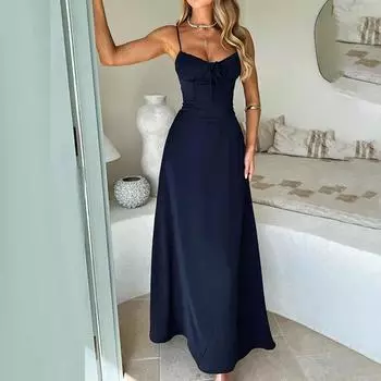 2025 Весна Новая женская одежда Темперамент Элегантный шнуровка A Word однотонное платье на подтяжках S жёлтый