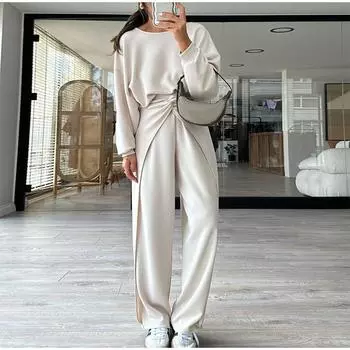 2025 Весна Новинка Вязаный Топ-халтер Однотонный Свитер Толстовка Брюки Костюм S