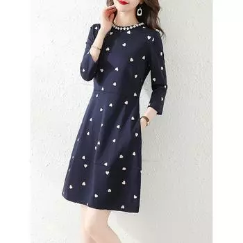 2025 Весна Новое платье с принтом «Любовь» и семью рукавами Женское облегающее платье А-образного силуэта Temperament Muse Fan M темно-синий